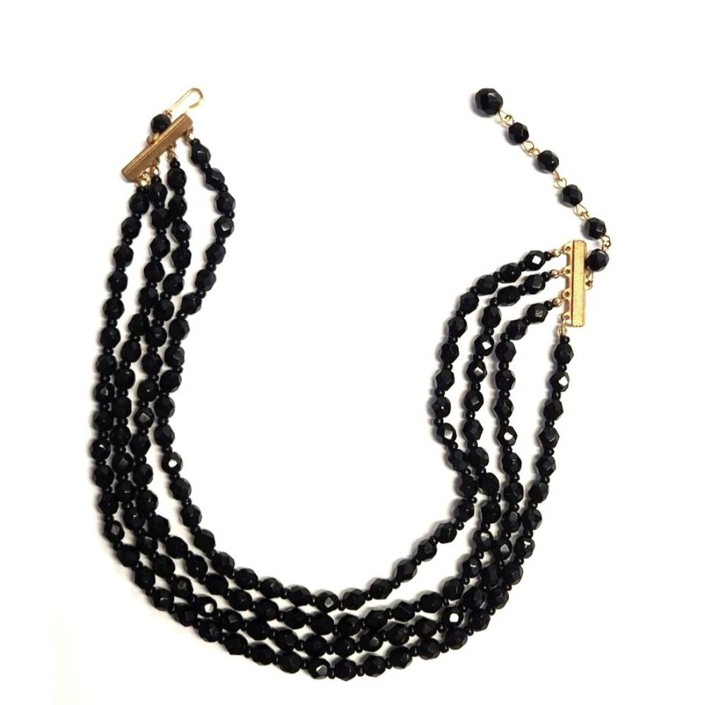 Vintage Black Beaded Multi-Strand Necklace With Gold-Tone Clasp